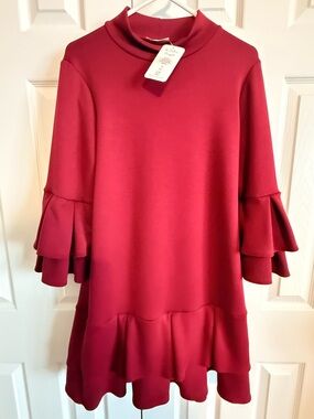 Women's Burgundy Ruffle Sleeve Shift Dress